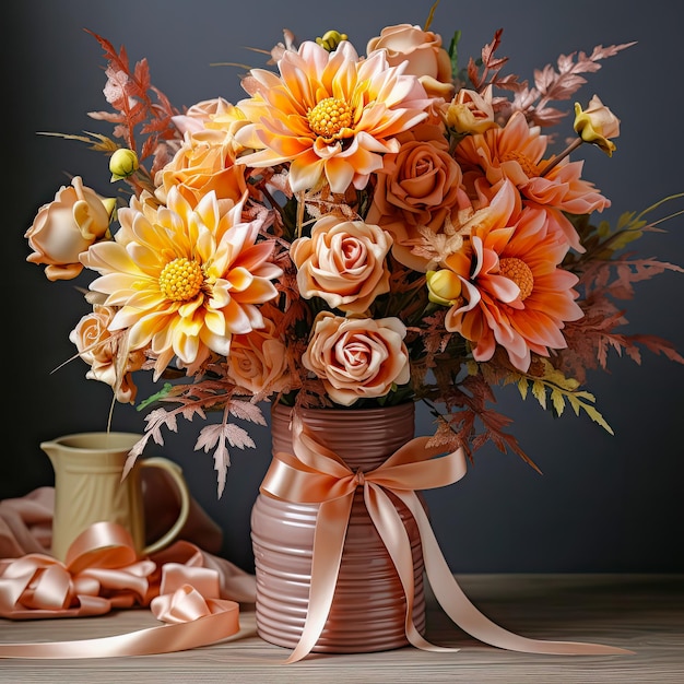 Foto buquê de flores de jardim em um vaso em uma ideia de mesa para um banner floral ou plano de fundo gerado por ia