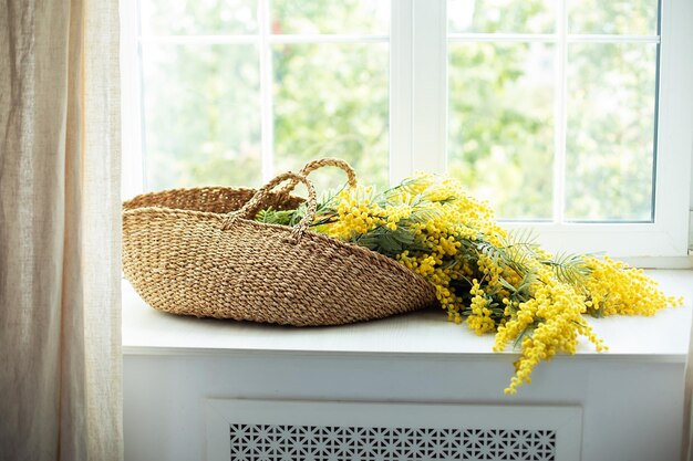 Buquê de flores de mimosa amarela na cesta de vime perto da janela Dia das mães