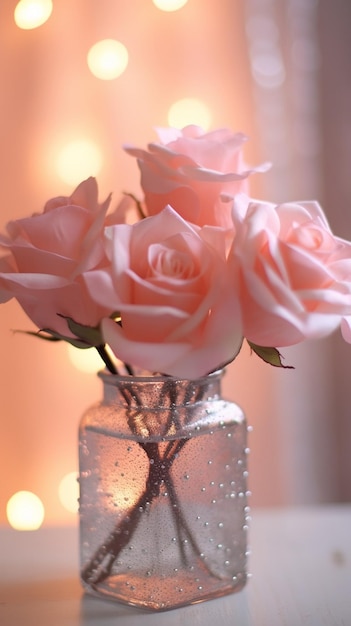 Buquê de flores de rosas cor de rosa em vaso de vidro Florista de decoração de casa chique gasto em um fluxo IA generativa