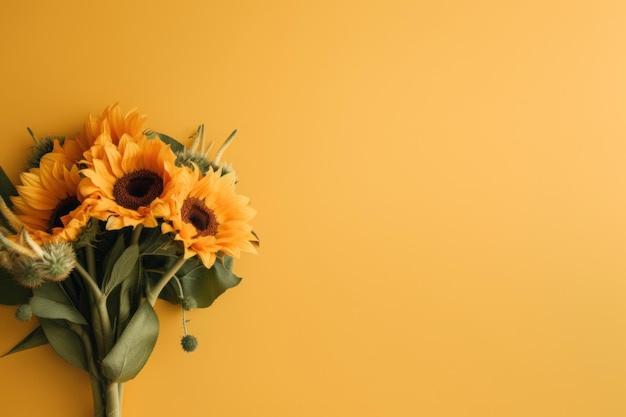 Buquê de flores de sol amarelo belo arranjo de fundo de cor lisa AI gerado