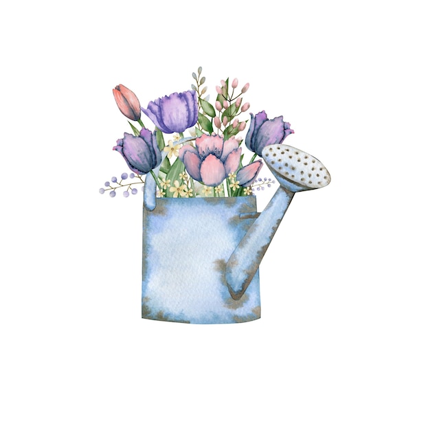 Foto buquê de flores de tulipa em uma ilustração em aquarela de bule de metal.