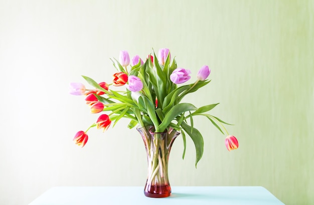 Buquê de flores de tulipa linda primavera em fundo verde suave.