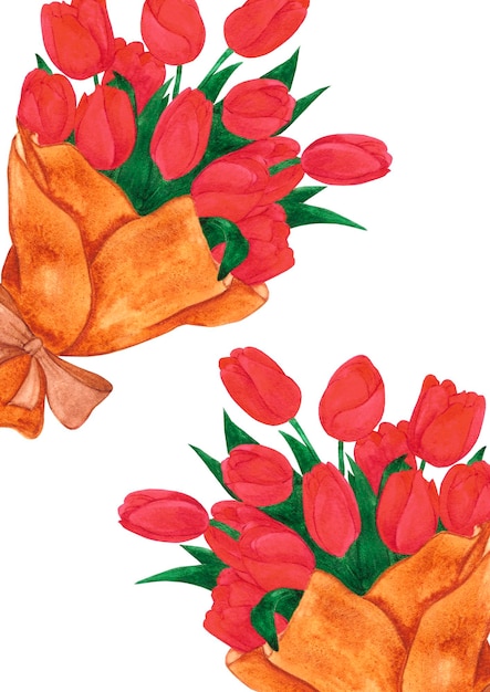 Buquê de flores de tulipas vermelhas aquarela desenhado à mão Isolado no fundo branco Cartaz de banner de cartão postal Scrapbook