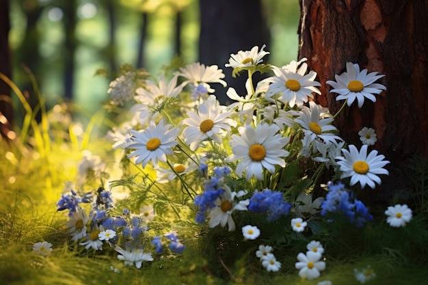 Buquê de flores de verão de margaridas brancas e azuis na floresta em um dia ensolarado