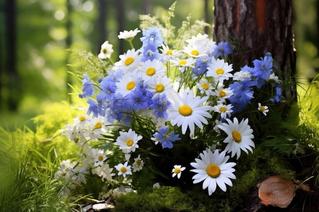 Buquê de flores de verão de margaridas brancas e azuis na floresta em um dia ensolarado