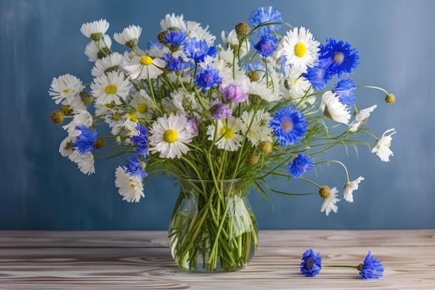 Buquê de flores e camomilas em um vaso