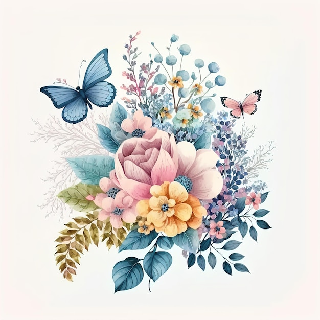 Buquê de flores em aquarela Padrão de elementos decorativos Desenho plano isolado em fundo branco