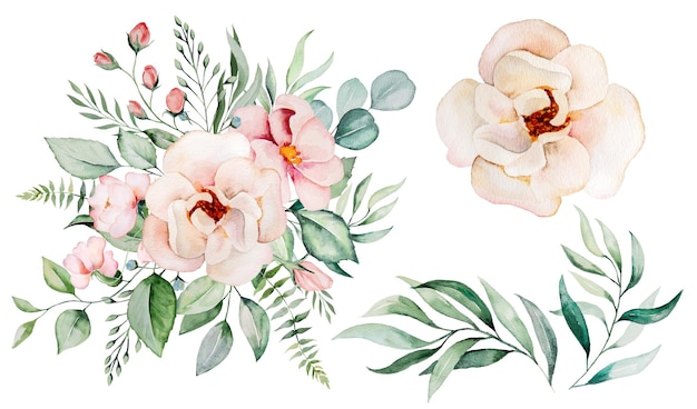 Buquê de flores em aquarela rosa claro e folhas verdes e ilustração de elementos únicos isolados