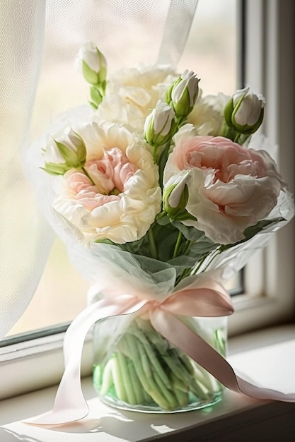 Buquê de flores em um vaso em um peitoril da janela generativo ai