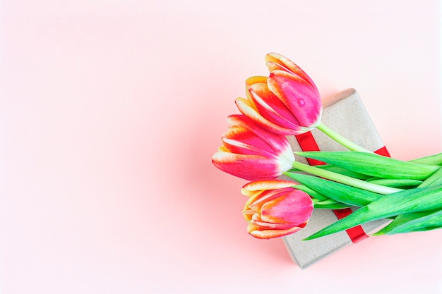 Buquê de flores frescas de tulipa vermelha e giftbox em branco