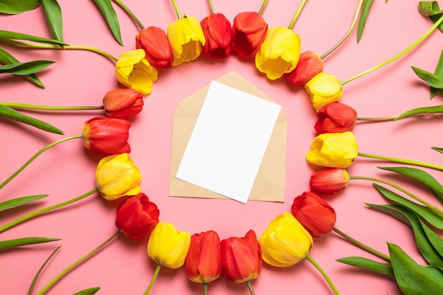 Buquê de flores frescas e brilhantes em fundo vermelho