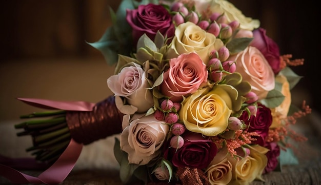 Buquê de flores frescas na decoração de mesa de madeira AI generativa