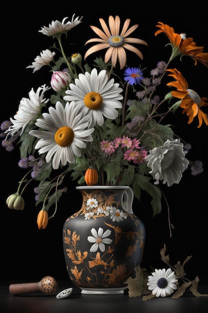 Buquê de flores mortas em vaso vintage Antigos mestres holandeses Imitação Abstrata Ilustração generativa AI