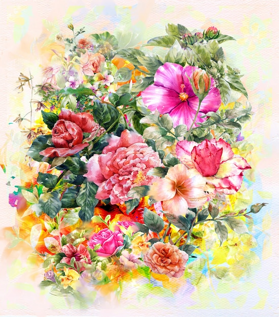 Buquê de flores multicoloridas estilo de pintura em aquarela