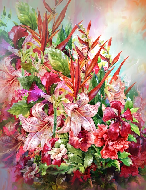 Buquê de flores multicoloridas estilo de pintura em aquarela