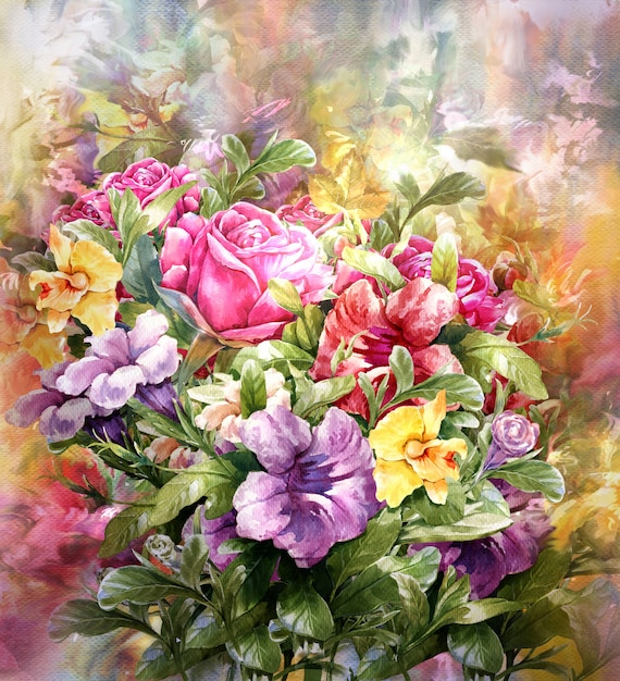 Buquê de flores multicoloridas estilo de pintura em aquarela