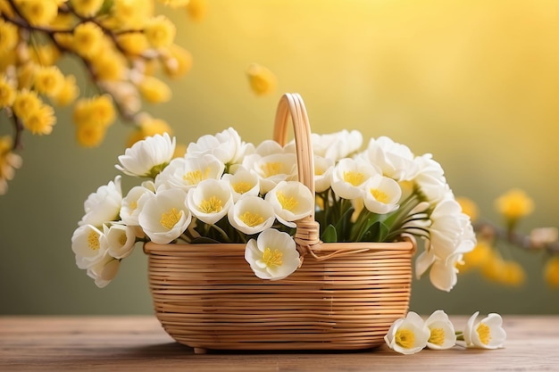 buquê de flores silvestres brancas na cesta em fundo amarelo