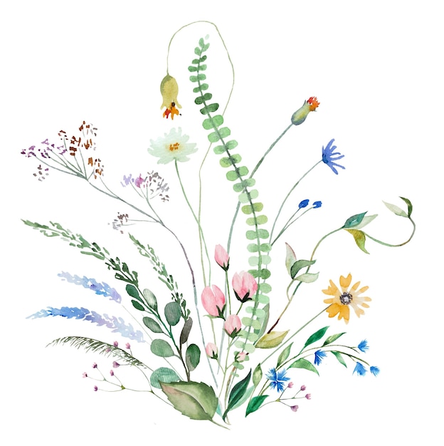 Foto buquê de flores silvestres em aquarela e folhas de casamento de verão e ilustração de saudação isolada