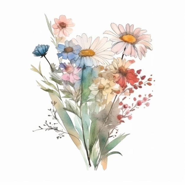 Buquê de flores silvestres em aquarela Ilustração AI GenerativexA