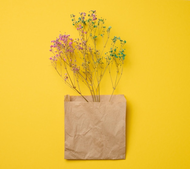 Buquê de flores silvestres secas em uma vista superior de fundo amarelo