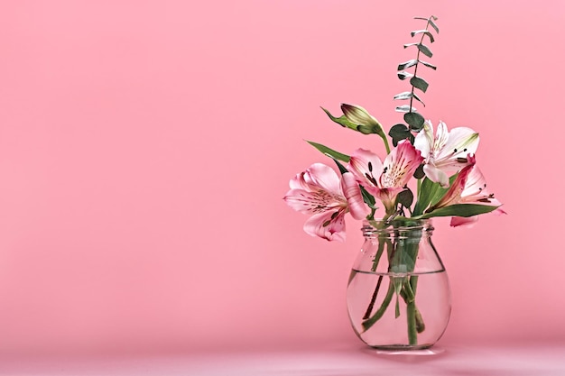 Buquê de lindas flores em garrafas de vidro em fundo rosa Espaço de cópia de decoração festiva floral mínima