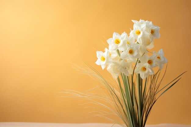 Foto buquê de narcisos brancos em um fundo colorido de trigo fundo pastel isolado ar 32 v 52 id de trabalho fad44824e0fb45e78c56b50dd2e279b0