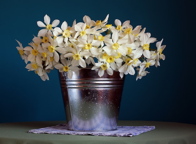 Buquê de narcisos em um balde com gotas de água