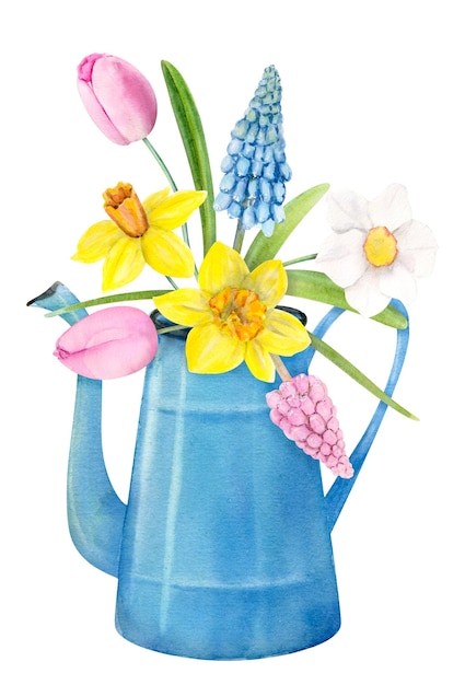 Buquê de primavera em aquarela desenhado à mão em um bule de chá azul