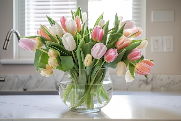 Buquê de primavera fresca de vegetação de tulipas pastel