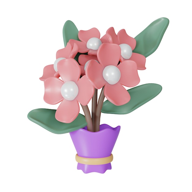 Buquê de renderização 3d de flor rosa isolada em fundo branco 3d renderização estilo cartoon