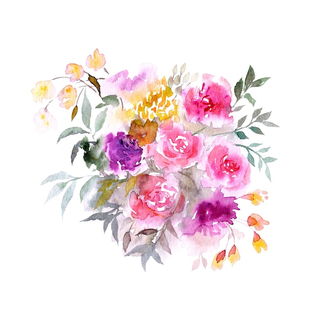 Buquê de rosa rosa Flores em aquarela Design de cartão de convite de saudação de aniversário de casamento