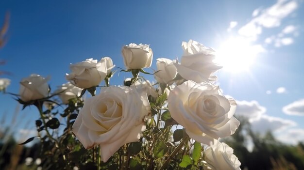 Buquê de rosas brancas sob o sol contra o céu azul gerado por IA