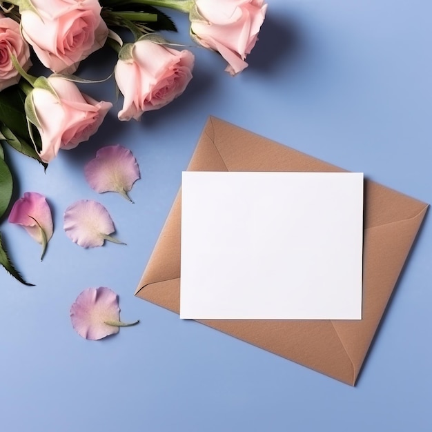 Buquê de rosas com cartão em branco Mockup convite cartão em branco e flores geradas por IA