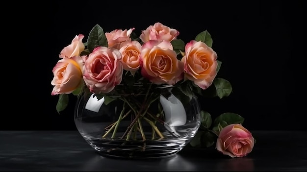 Buquê de rosas cor de rosa em um vaso de vidro em um backgroundgenerative ai preto