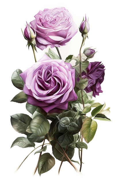 Buquê de rosas roxas isoladas em fundo branco Ilustração em aquarela