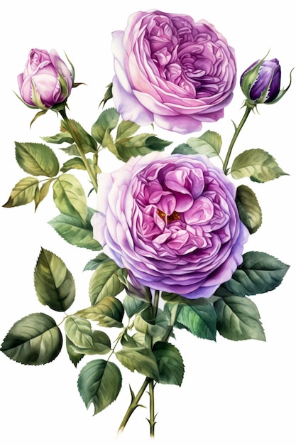 Buquê de rosas roxas isoladas em fundo branco Ilustração em aquarela