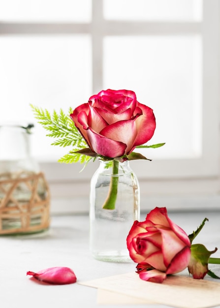 Buquê de rosas vermelhas de verão em vaso de vidro perto da janela Ainda vida floral em estilo vintage