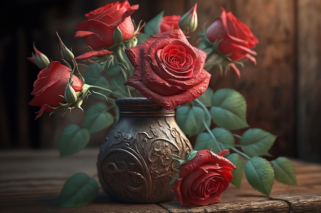 Buquê de rosas vermelhas em um vaso com fundo de madeira