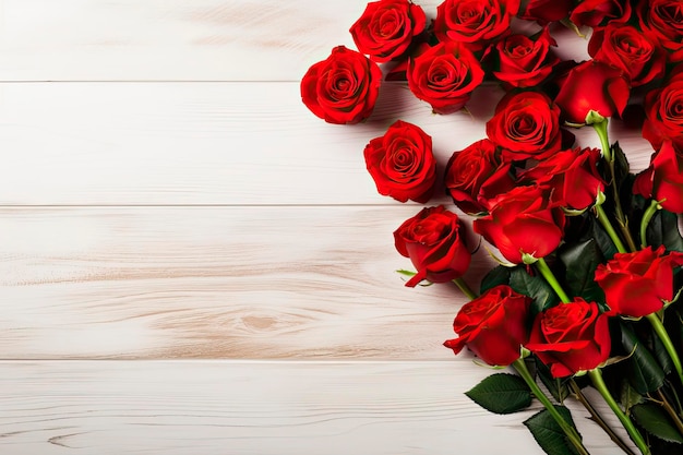 buquê de rosas vermelhas na mesa de madeira branca Vista superior Espaço para cópia