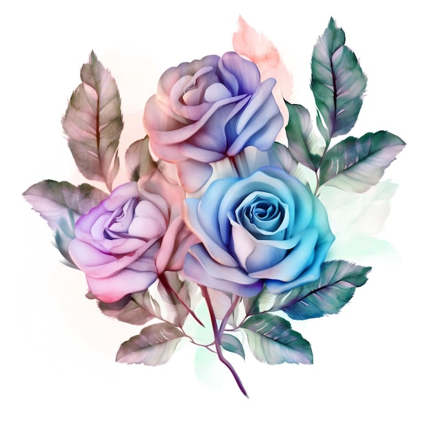 Foto buquê de três rosas multicoloridas rosas em aquarela em uma ia generativa de fundo branco