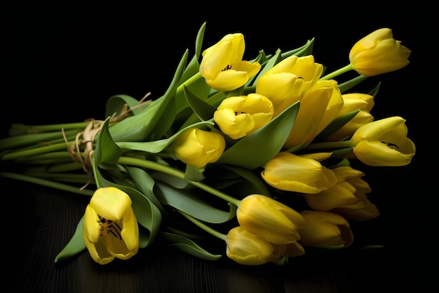 Buquê de tulipas amarelas em um fundo preto