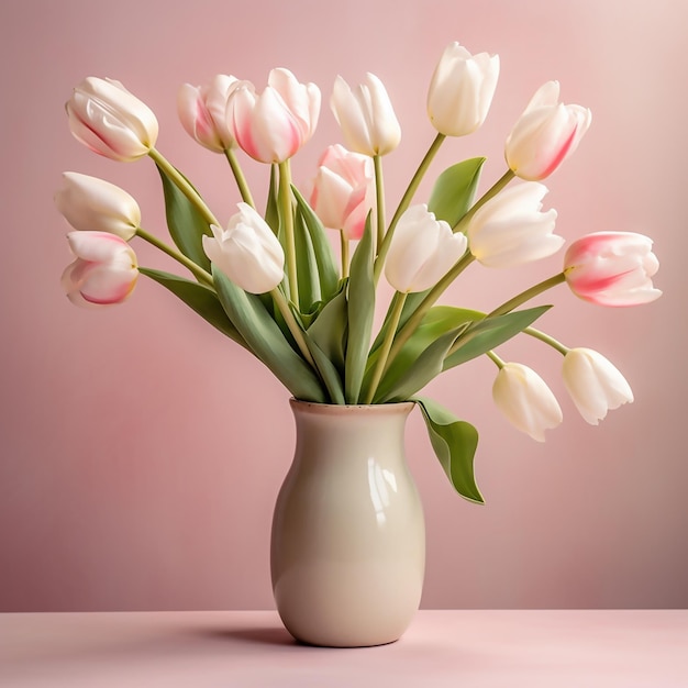 Buquê de tulipas brancas e rosa frescas em vaso em fundo rosa