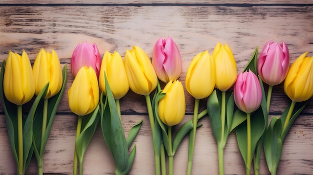 Buquê de tulipas cor de rosa e amarelas em um fundo de madeira com copyspace