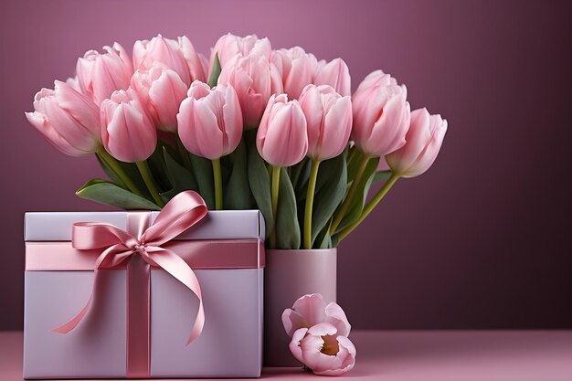 Buquê de tulipas cor de rosa e caixa de presente em fundo rosa