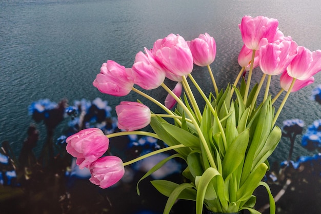 Buquê de tulipas cor de rosa em vaso no fundo do mar