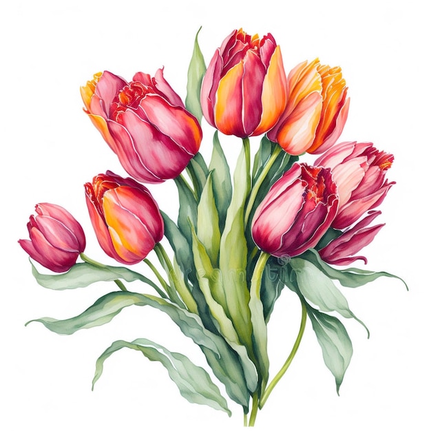 buquê de tulipas de flores aquarela de primavera