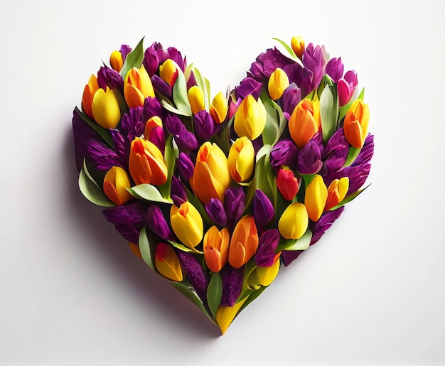 Buquê de tulipas dispostas em forma de coração em um fundo branco