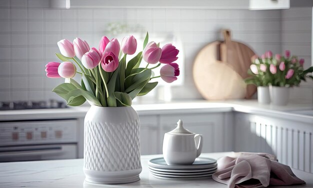 Buquê de tulipas em uma IA generativa de cozinha moderna e brilhante