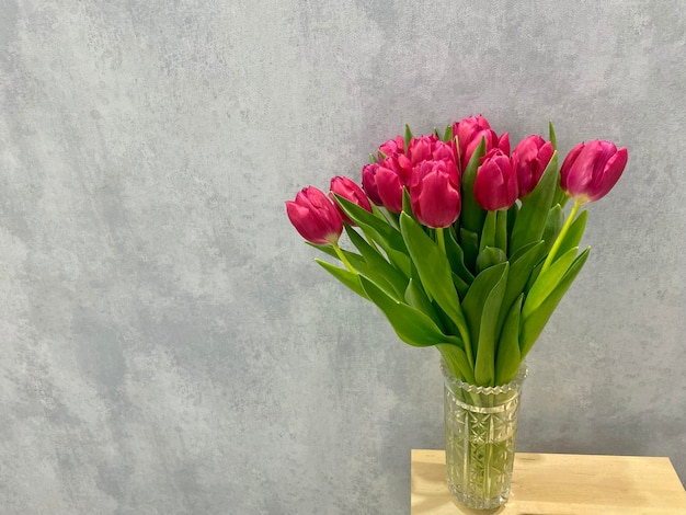 buquê de tulipas rosa brilhante em um vaso em um close de fundo cinza