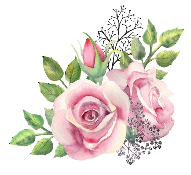 Buquê em aquarela de flores rosas cor de rosa, folhas verdes, frutas vermelhas, galhos decorativos
